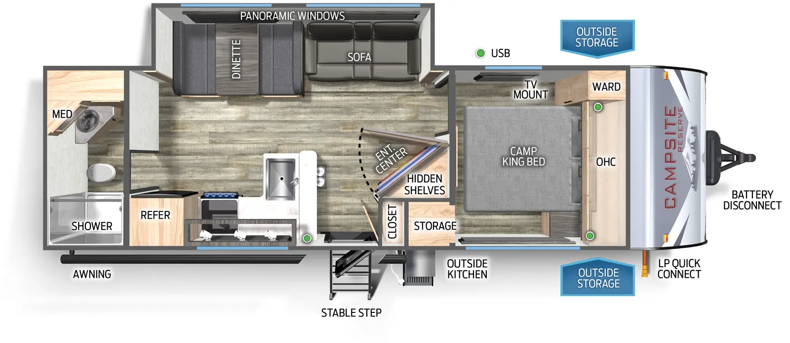 The Campsite Reserve 25MW floorplan has one entry and one slide out. Exterior features include: metal exterior and outside kitchen. Interiors features include: front bedroom and rear bathroom.